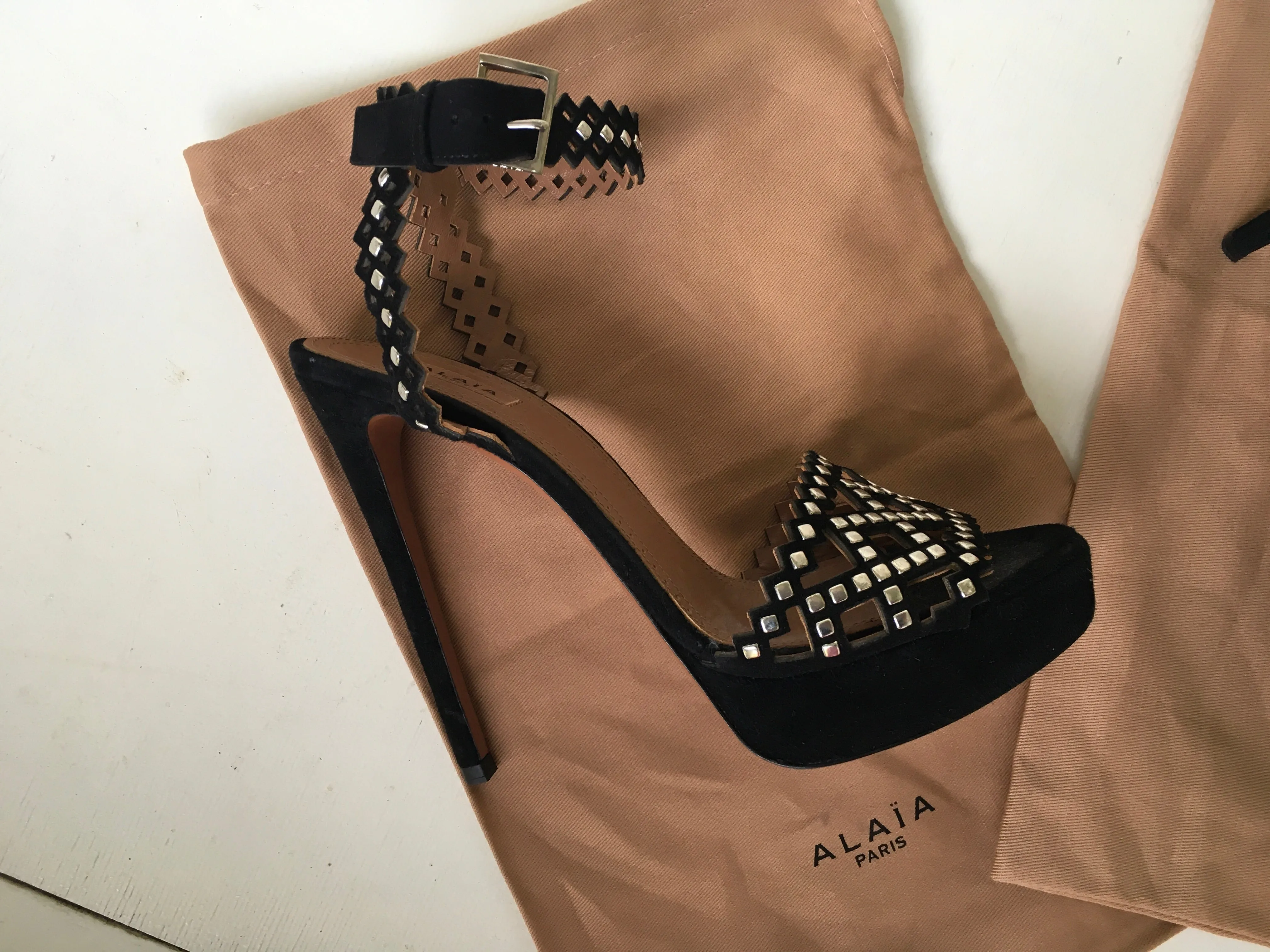 Azzedine Alaïa Black laser cut suede platform studded sandals Ladies
