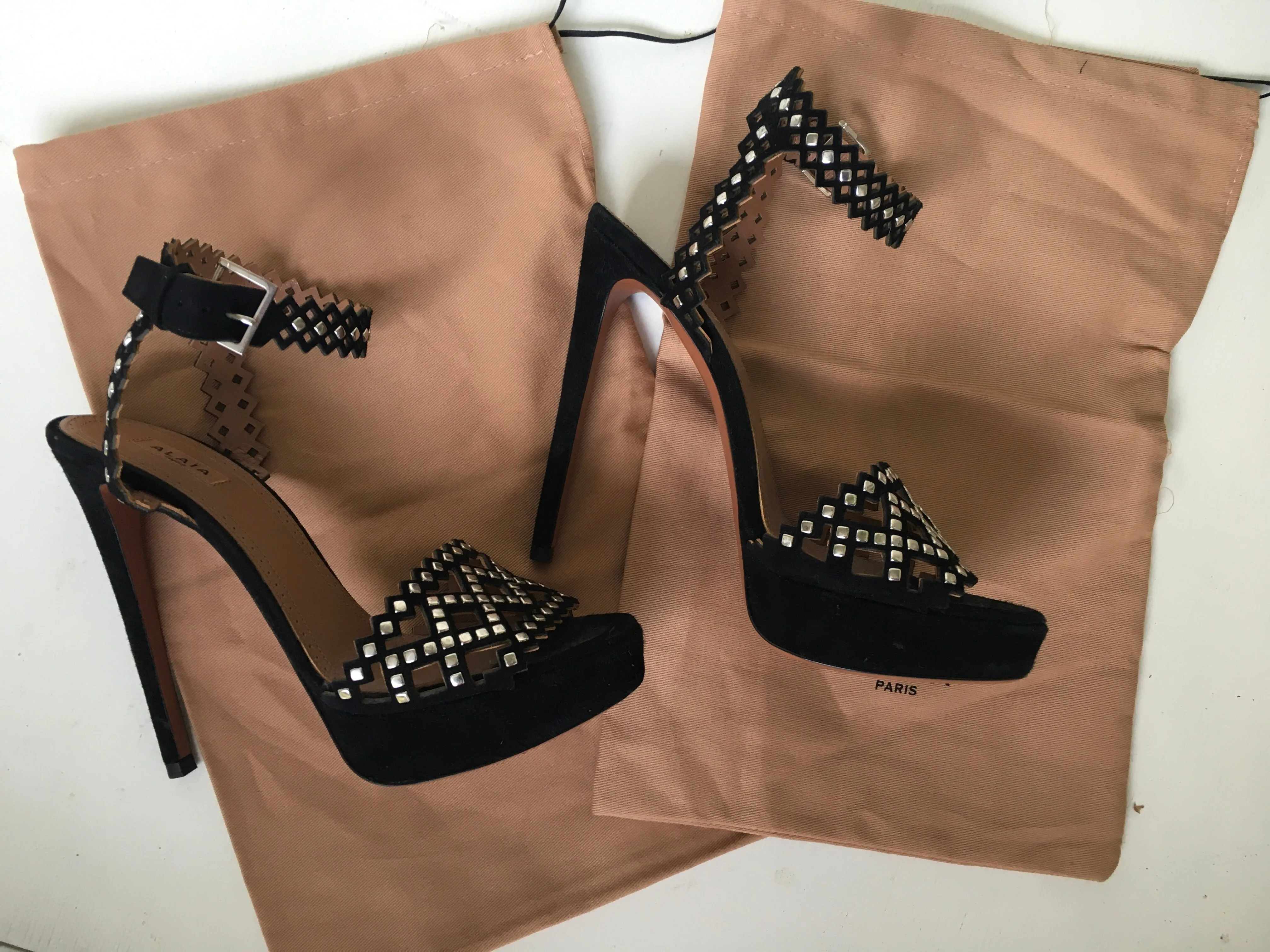 Azzedine Alaïa Black laser cut suede platform studded sandals Ladies