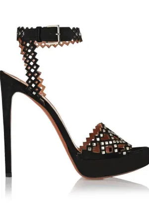 Azzedine Alaïa Black laser cut suede platform studded sandals Ladies