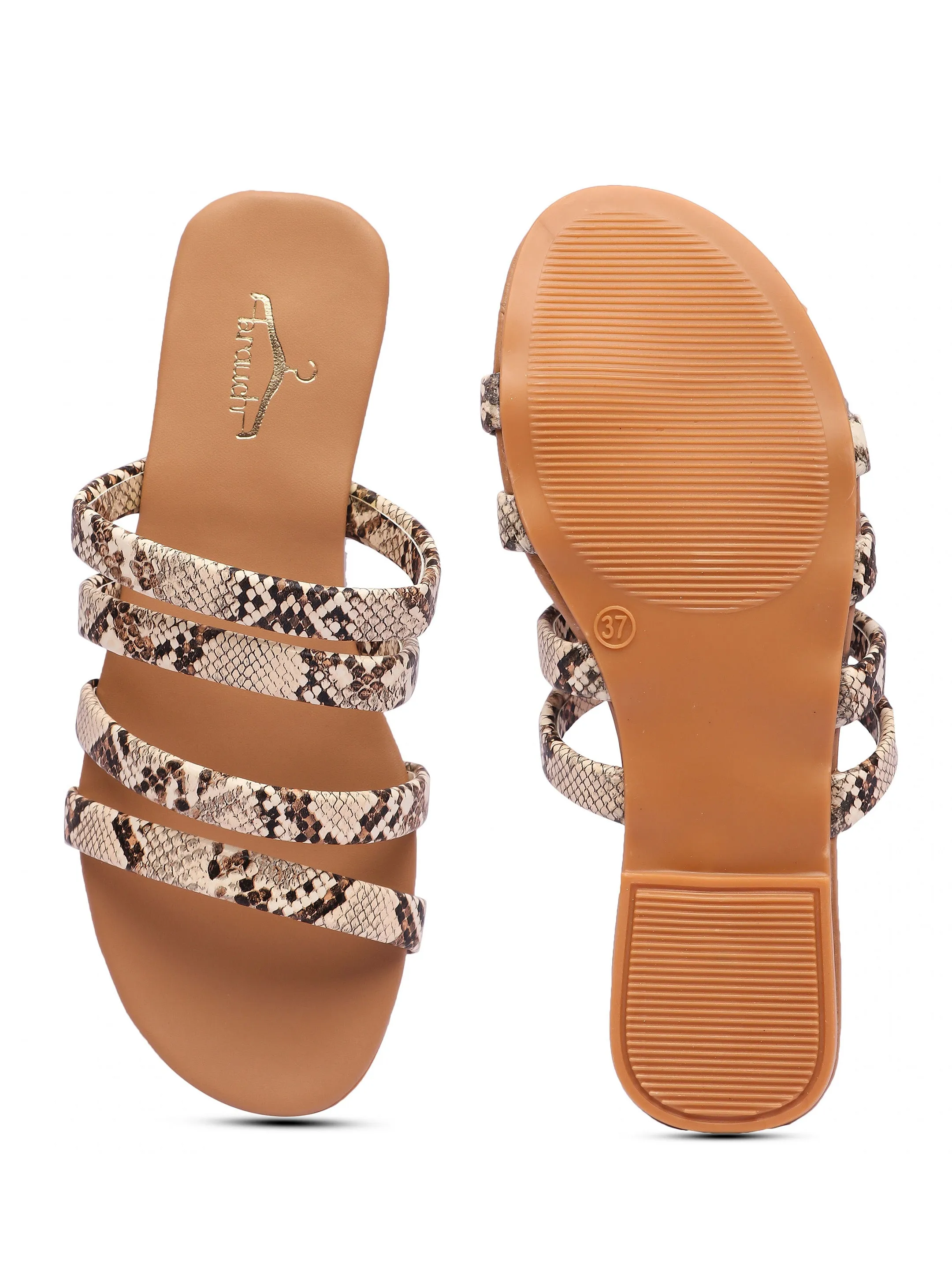 Brauch Women's Beige Snake Strap Printed Flat Sandal