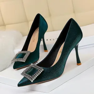 Chicvane Womens Satin Crystal Buckle Stiletto Heels Pointed Toe Bridal Pumps
