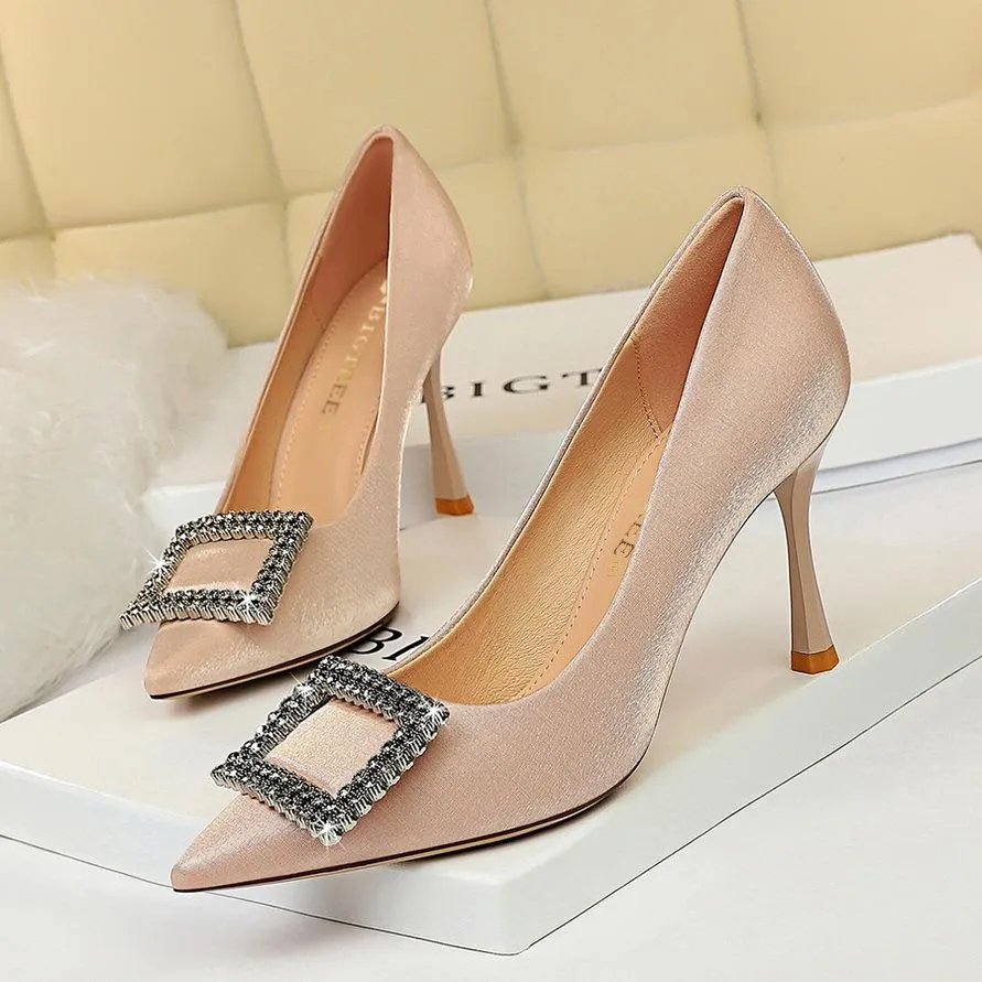 Chicvane Womens Satin Crystal Buckle Stiletto Heels Pointed Toe Bridal Pumps