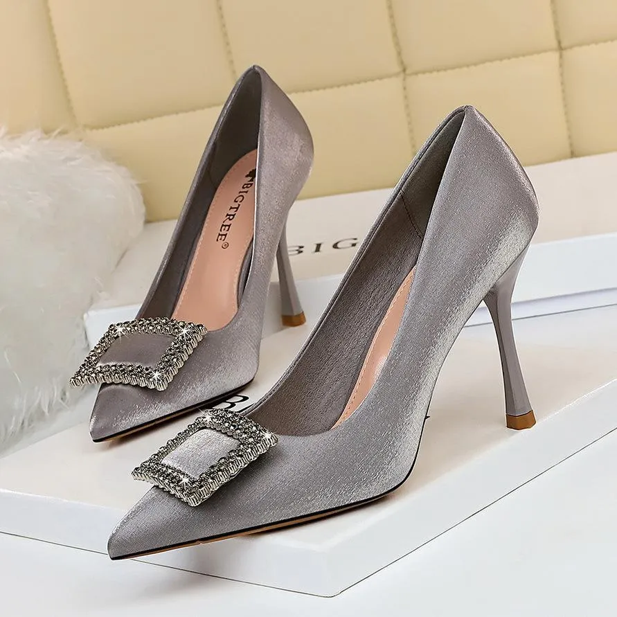 Chicvane Womens Satin Crystal Buckle Stiletto Heels Pointed Toe Bridal Pumps