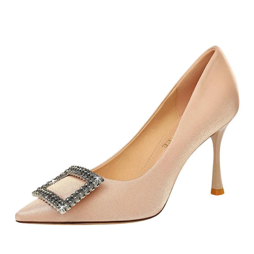 Chicvane Womens Satin Crystal Buckle Stiletto Heels Pointed Toe Bridal Pumps