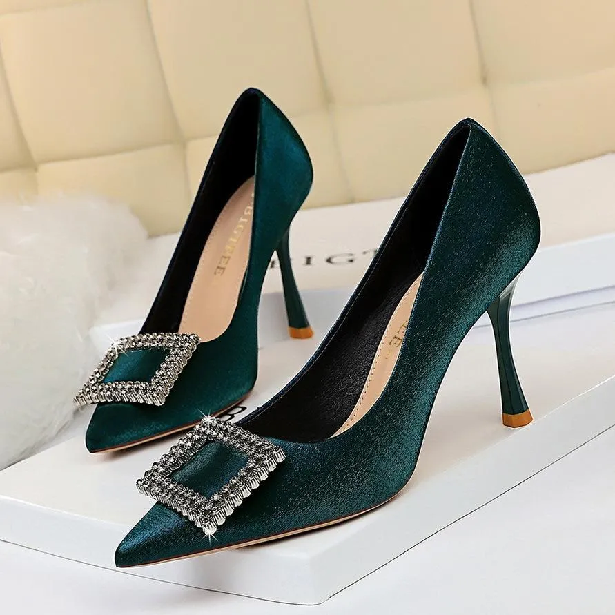 Chicvane Womens Satin Crystal Buckle Stiletto Heels Pointed Toe Bridal Pumps