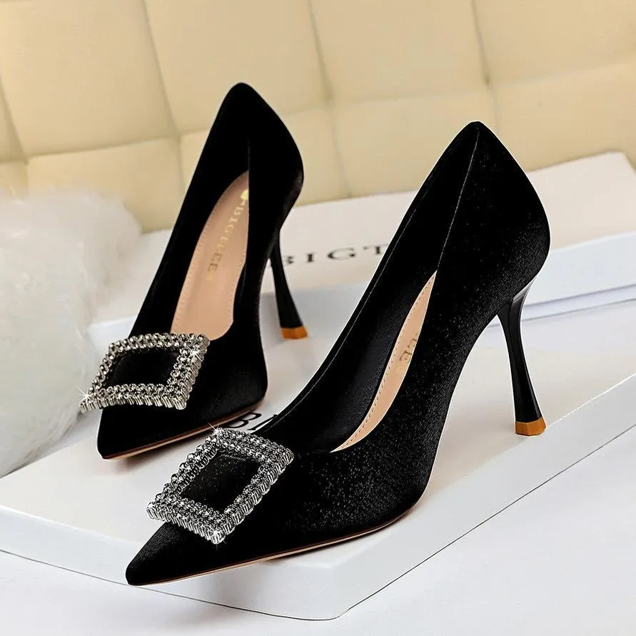 Chicvane Womens Satin Crystal Buckle Stiletto Heels Pointed Toe Bridal Pumps