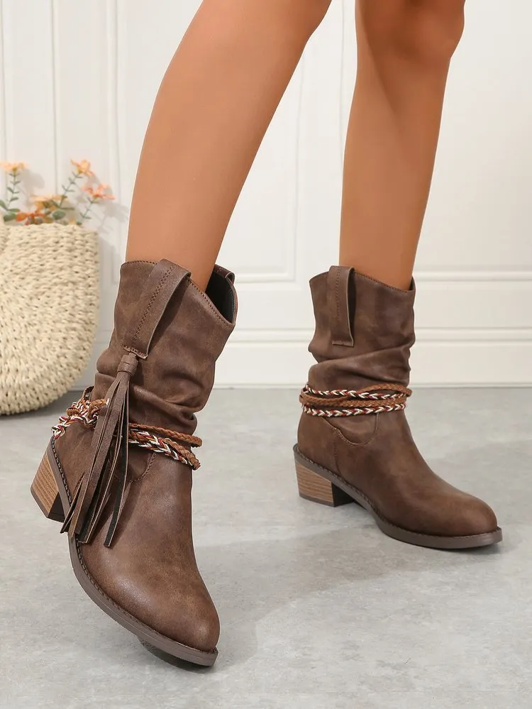 elveswallet Braided straps tassel mid-calf boots
