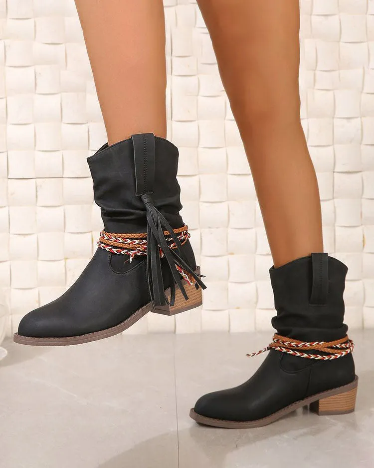 elveswallet Braided straps tassel mid-calf boots