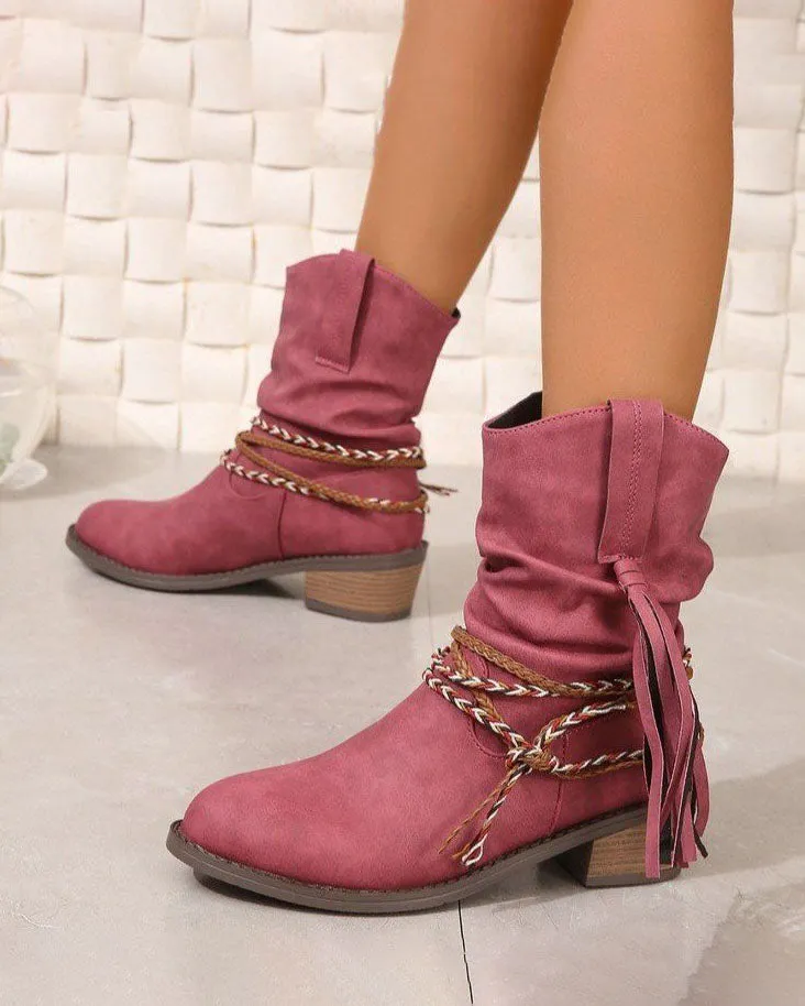 elveswallet Braided straps tassel mid-calf boots