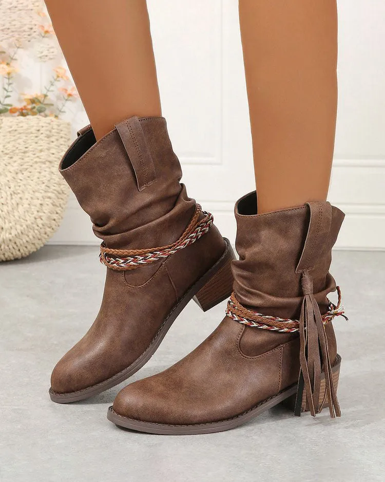 elveswallet Braided straps tassel mid-calf boots
