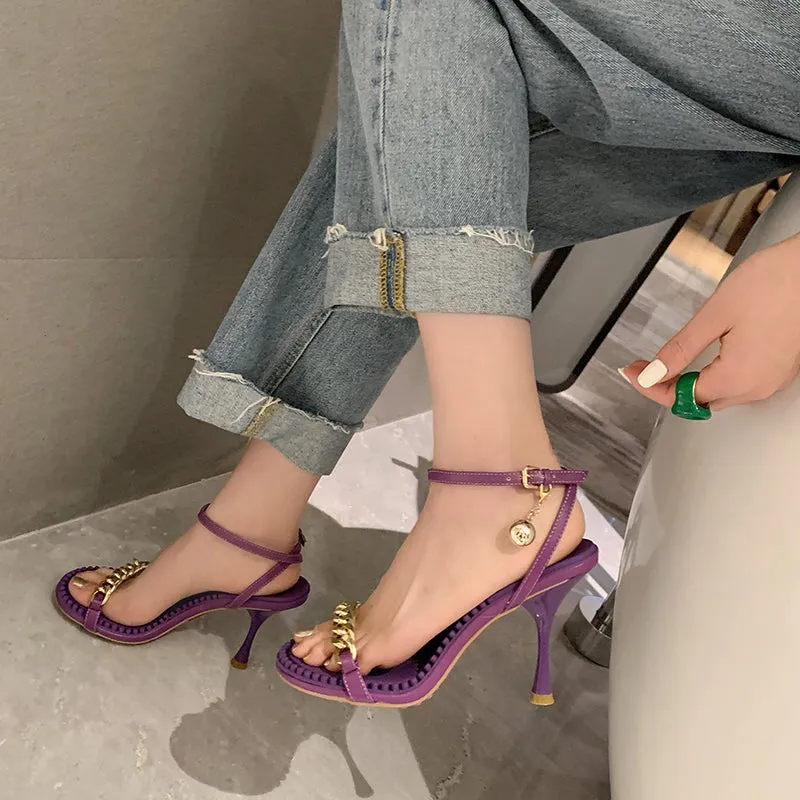 Ilana Purple Sandals Heels with Gold Chain