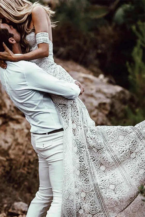 Mermaid Sweetheart Sweep Train Lace Beach Wedding Dress AHC556