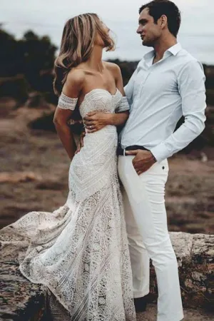 Mermaid Sweetheart Sweep Train Lace Beach Wedding Dress AHC556