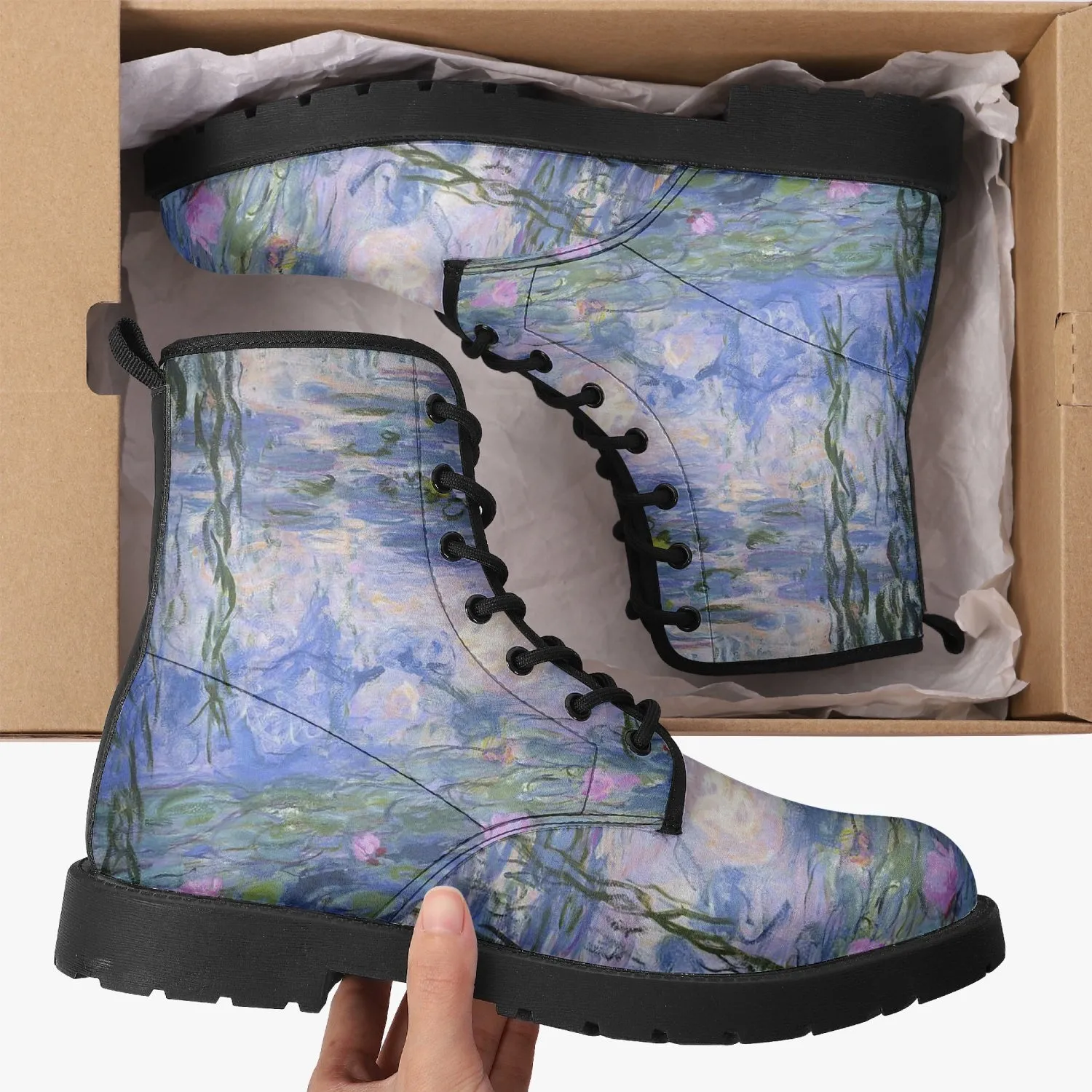 Monet Lilies Vegan Leather Combat Boots - Beautiful Blue Toned Monet Festival Art Boots (JPEL22)