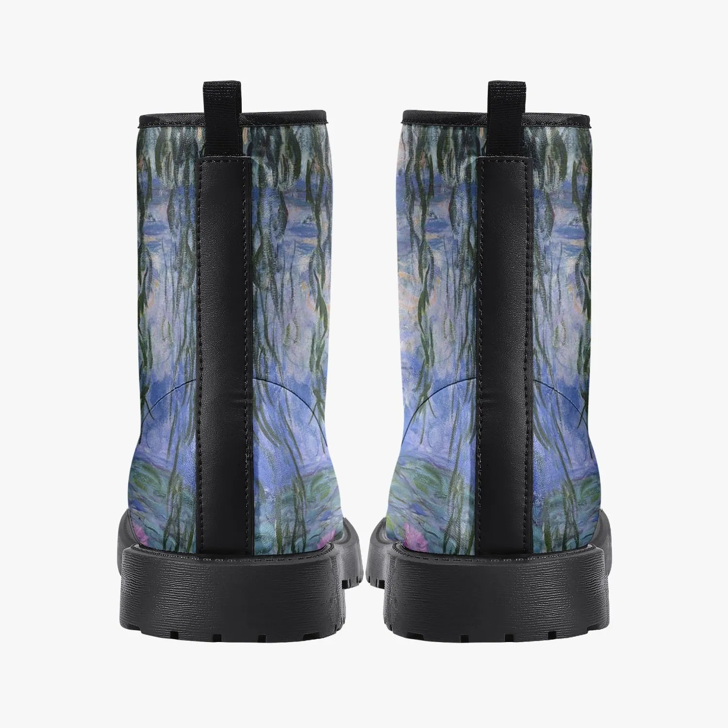 Monet Lilies Vegan Leather Combat Boots - Beautiful Blue Toned Monet Festival Art Boots (JPEL22)