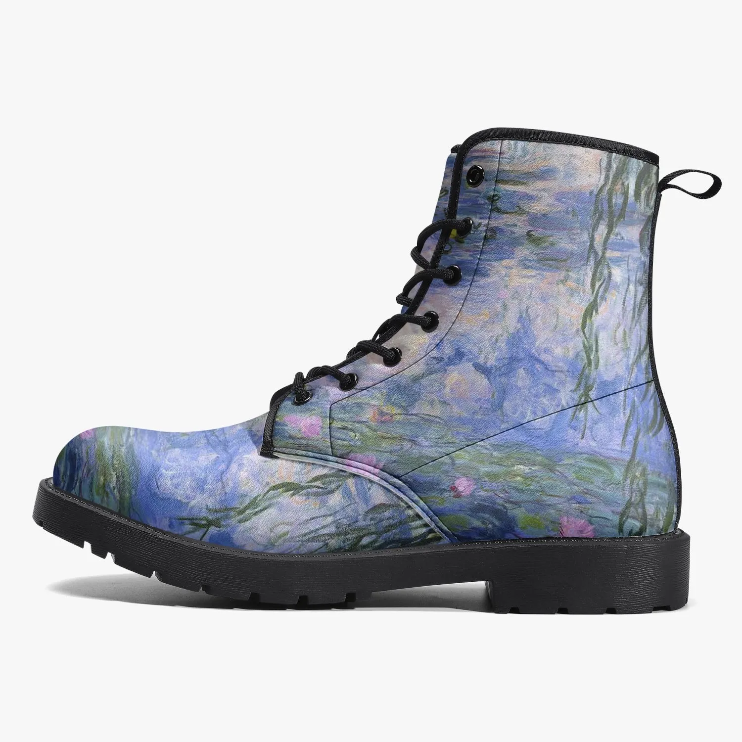 Monet Lilies Vegan Leather Combat Boots - Beautiful Blue Toned Monet Festival Art Boots (JPEL22)
