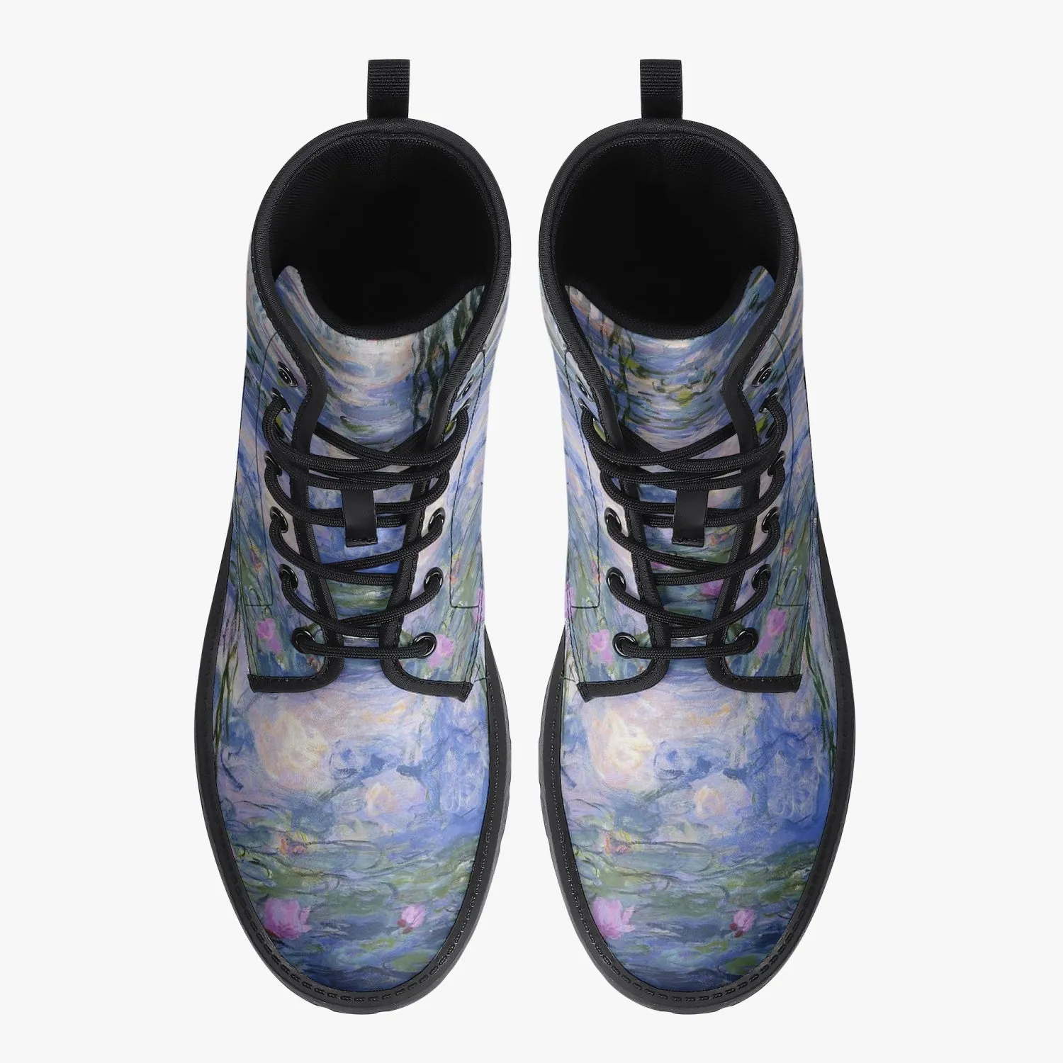 Monet Lilies Vegan Leather Combat Boots - Beautiful Blue Toned Monet Festival Art Boots (JPEL22)