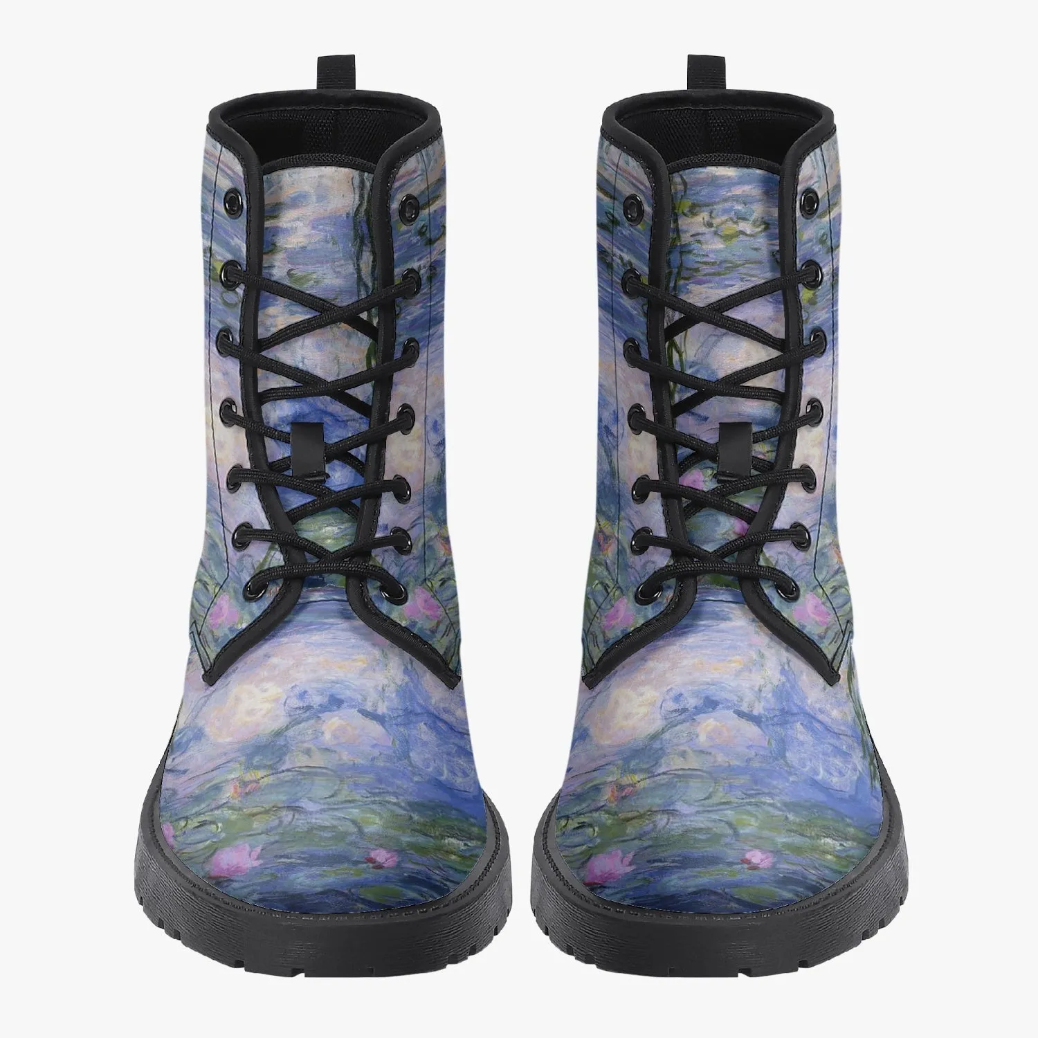 Monet Lilies Vegan Leather Combat Boots - Beautiful Blue Toned Monet Festival Art Boots (JPEL22)