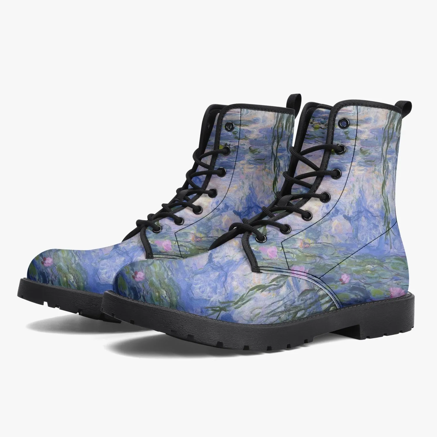Monet Lilies Vegan Leather Combat Boots - Beautiful Blue Toned Monet Festival Art Boots (JPEL22)