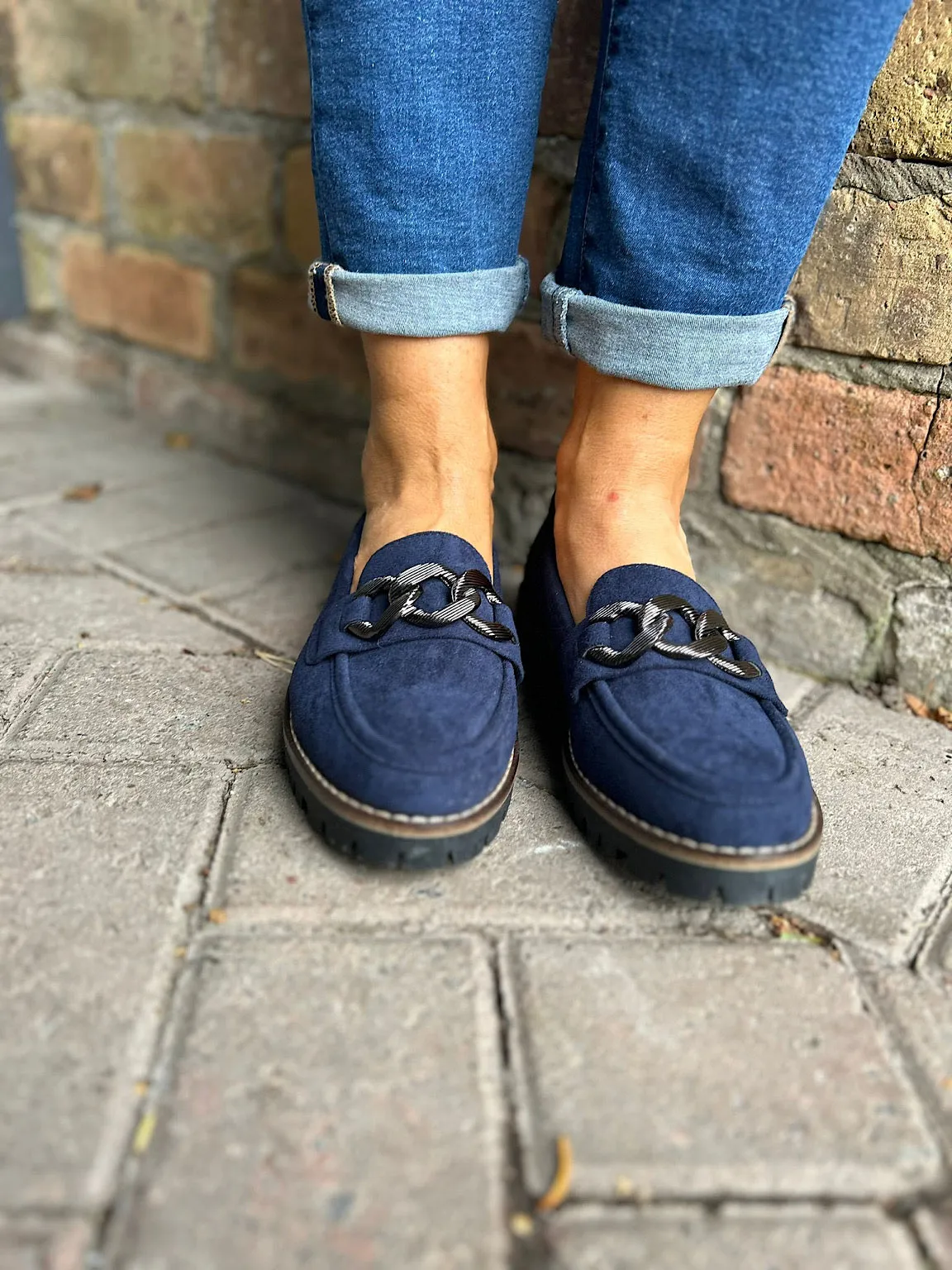 Navy Suede Style Chain Loafers