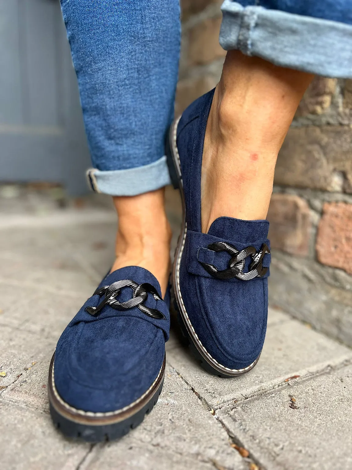 Navy Suede Style Chain Loafers