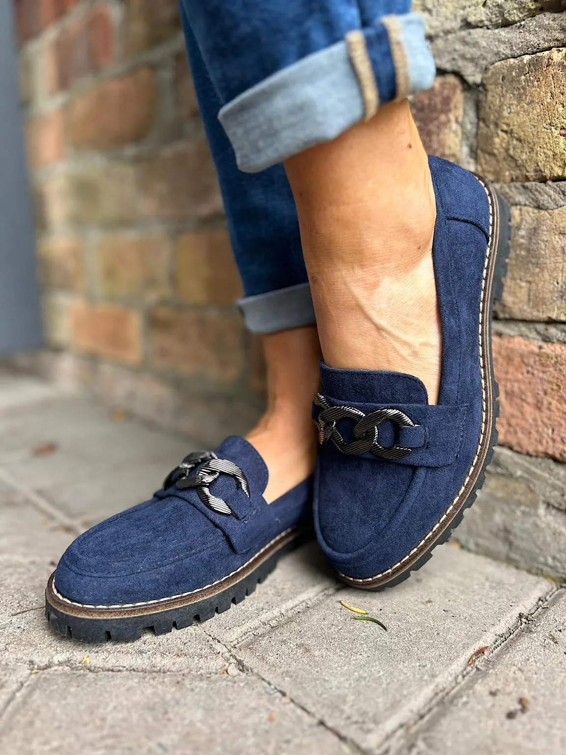 Navy Suede Style Chain Loafers