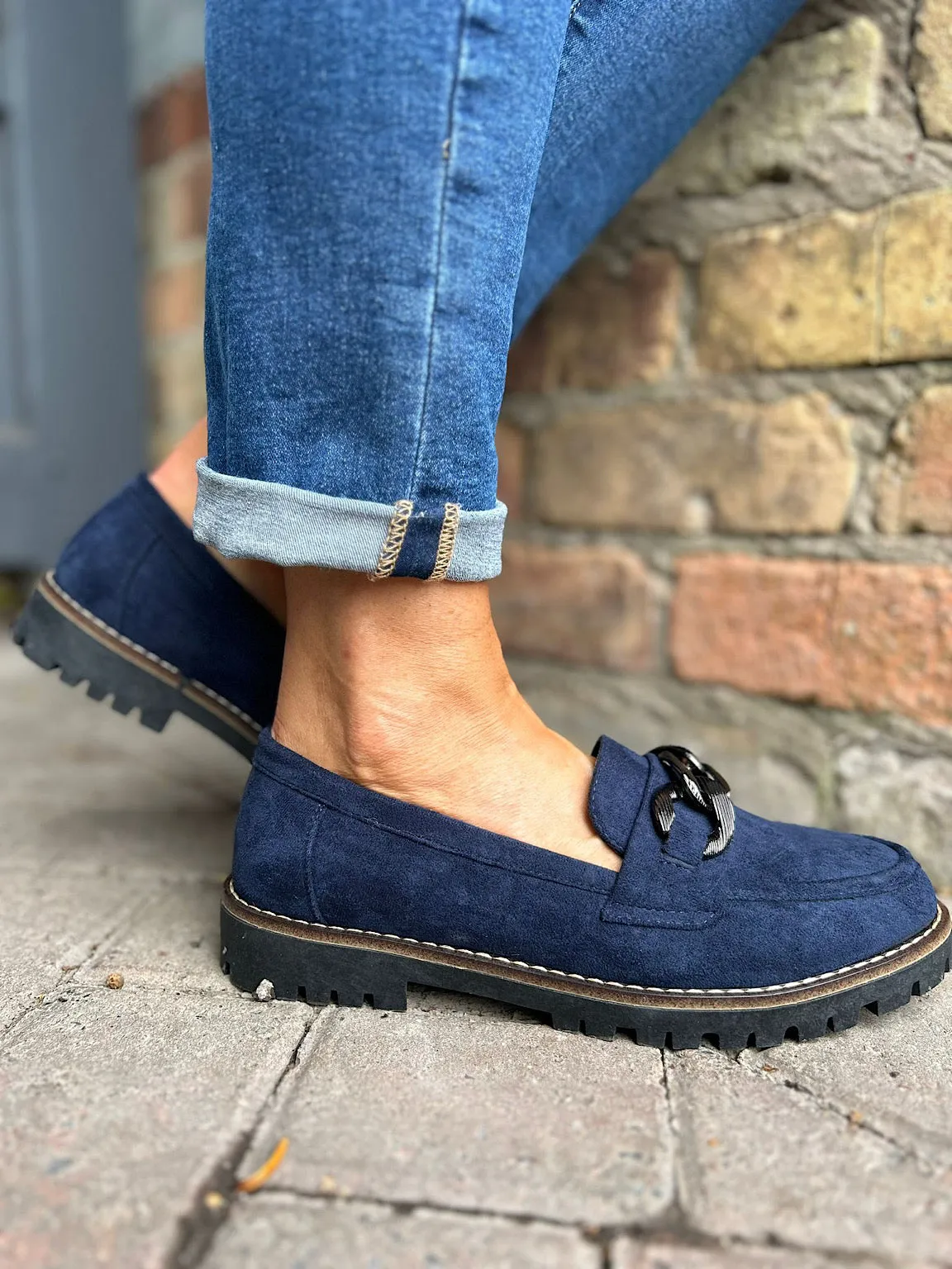 Navy Suede Style Chain Loafers