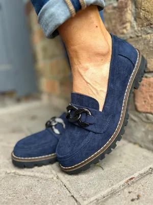 Navy Suede Style Chain Loafers