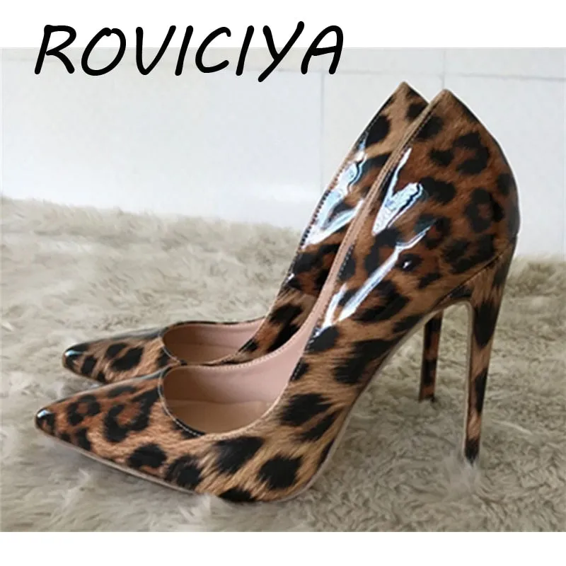 New sexy night club party wedding shoes women Leopard print high heels slip on pointed toe 12cm stiletto pump QP033 ROVICIYA