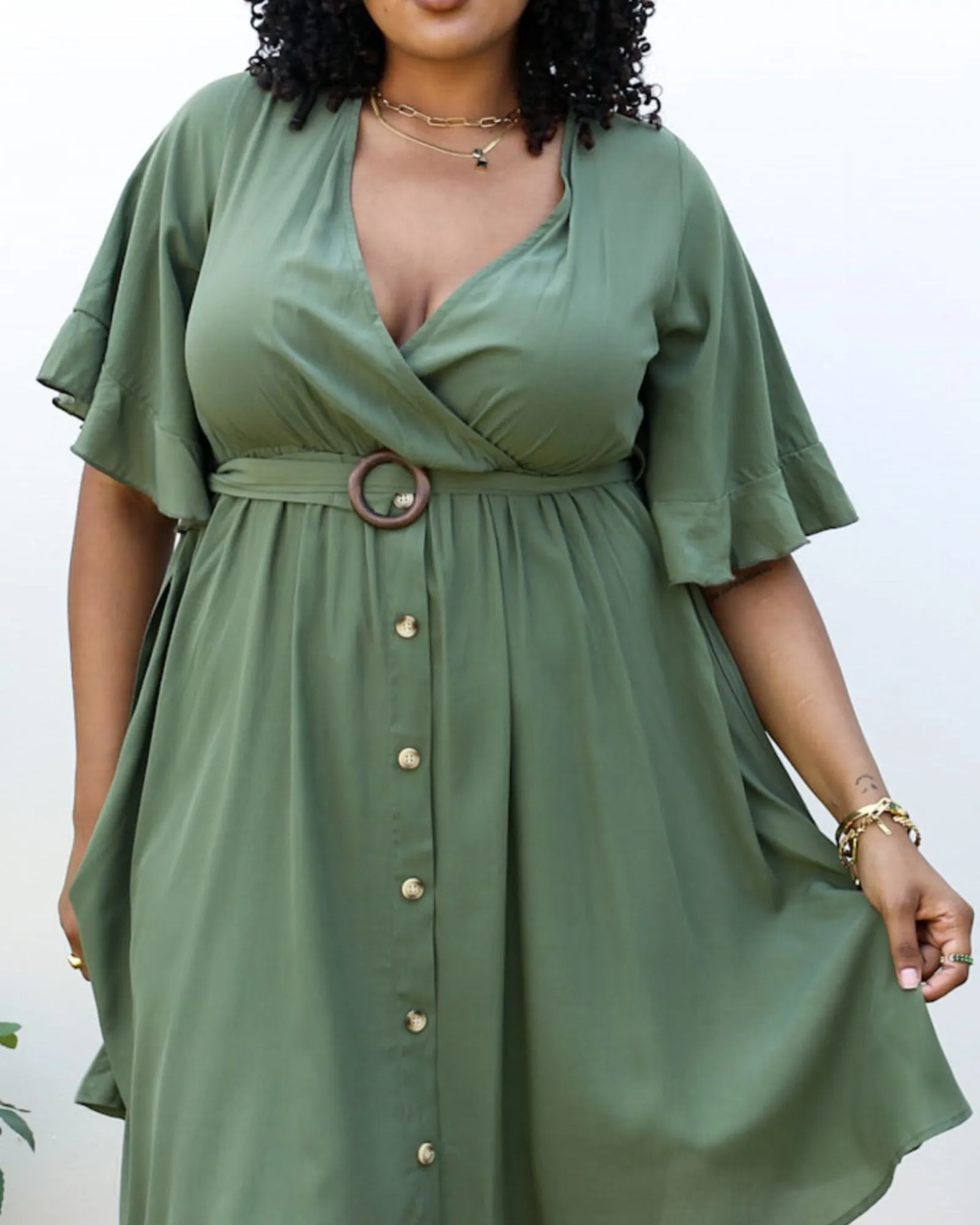 O-Ring Tied Belt Waist Butterfly Flare Sleeve Midi Dress | Green