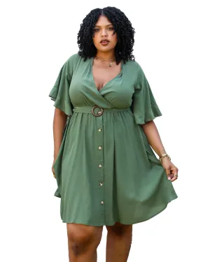 O-Ring Tied Belt Waist Butterfly Flare Sleeve Midi Dress | Green