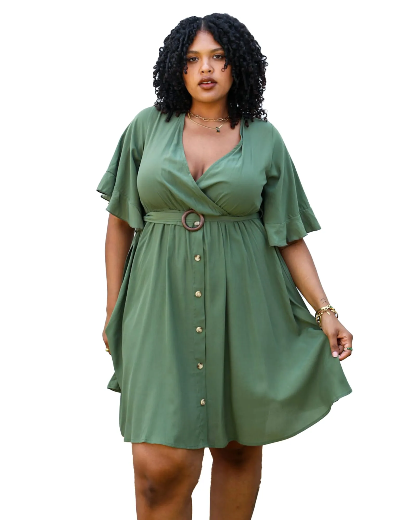 O-Ring Tied Belt Waist Butterfly Flare Sleeve Midi Dress | Green