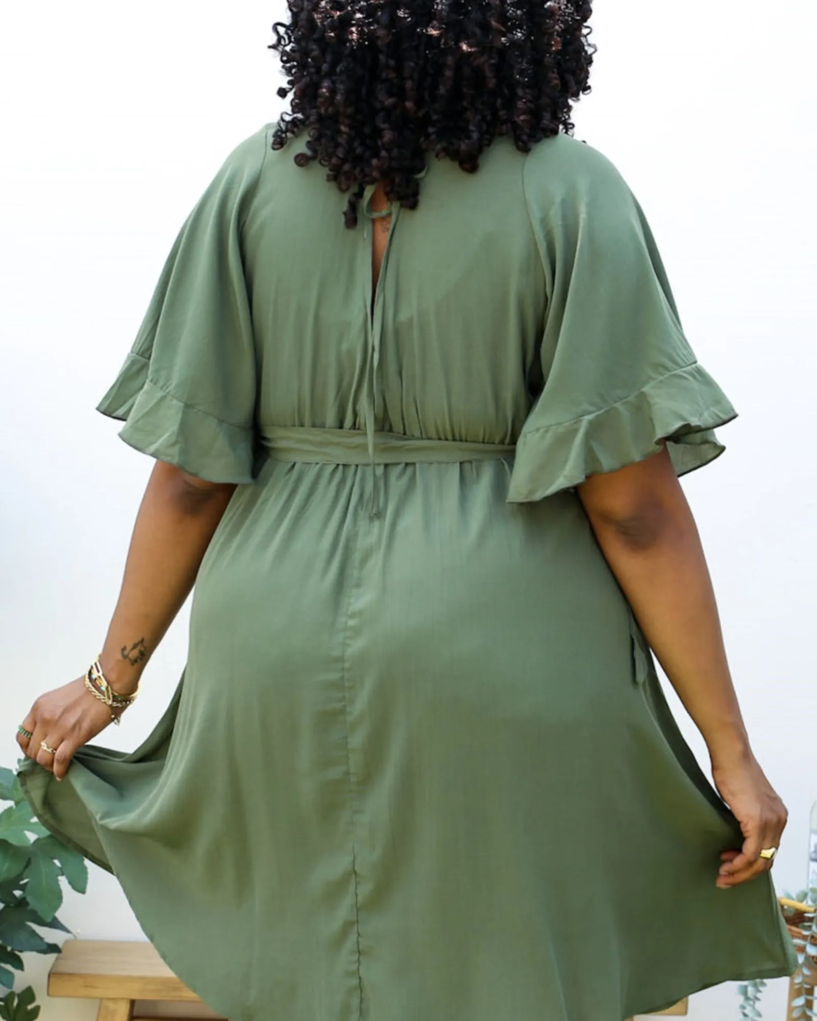 O-Ring Tied Belt Waist Butterfly Flare Sleeve Midi Dress | Green