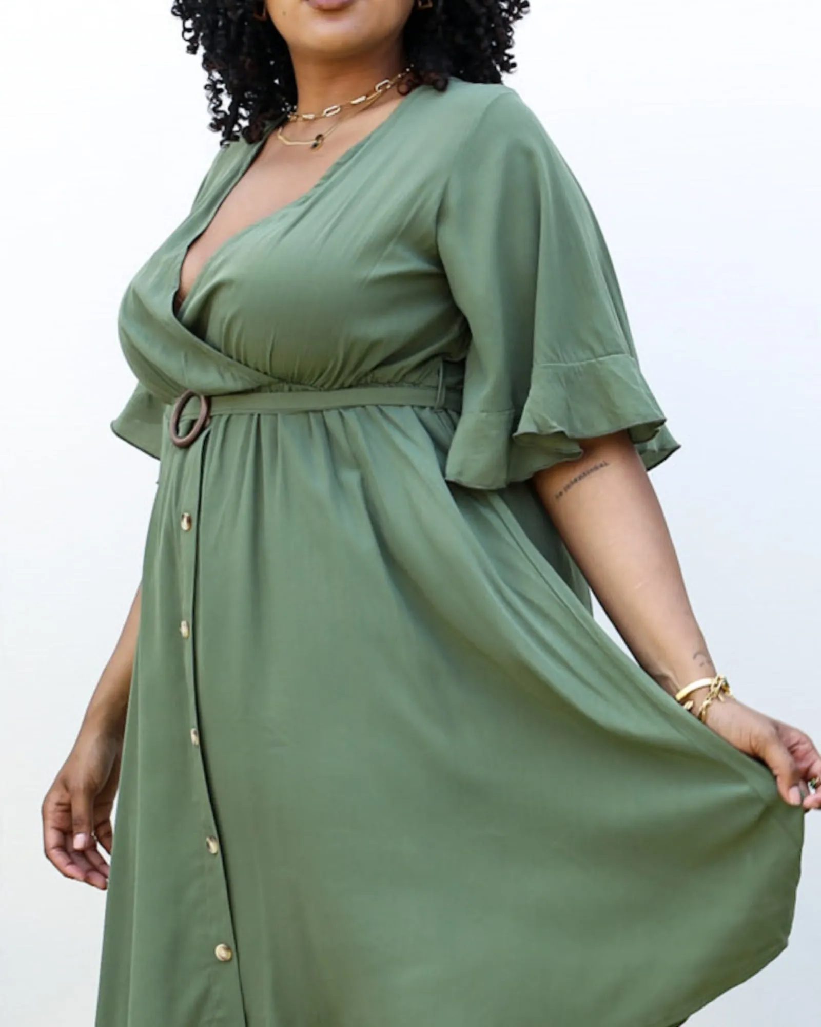 O-Ring Tied Belt Waist Butterfly Flare Sleeve Midi Dress | Green