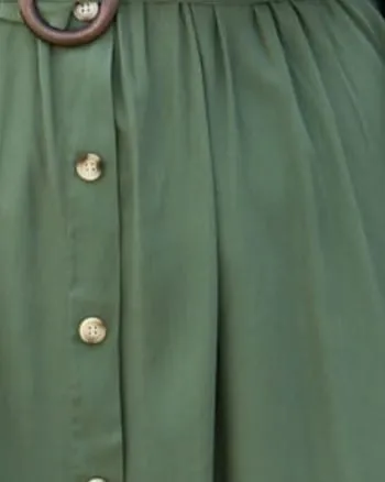 O-Ring Tied Belt Waist Butterfly Flare Sleeve Midi Dress | Green