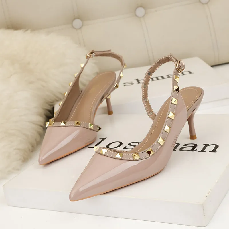 Rivet hollow one word fashionable charm high heels pointed shallow mouth women's sandals single shoes