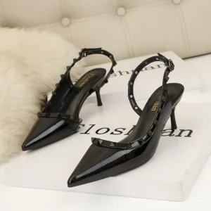 Rivet hollow one word fashionable charm high heels pointed shallow mouth women's sandals single shoes