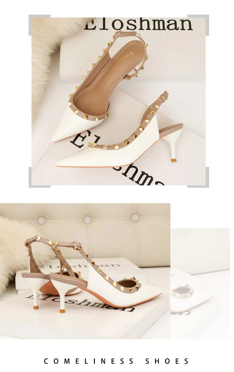 Rivet hollow one word fashionable charm high heels pointed shallow mouth women's sandals single shoes