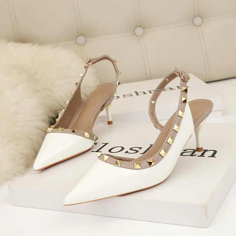 Rivet hollow one word fashionable charm high heels pointed shallow mouth women's sandals single shoes