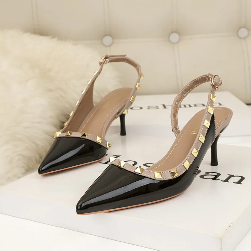 Rivet hollow one word fashionable charm high heels pointed shallow mouth women's sandals single shoes