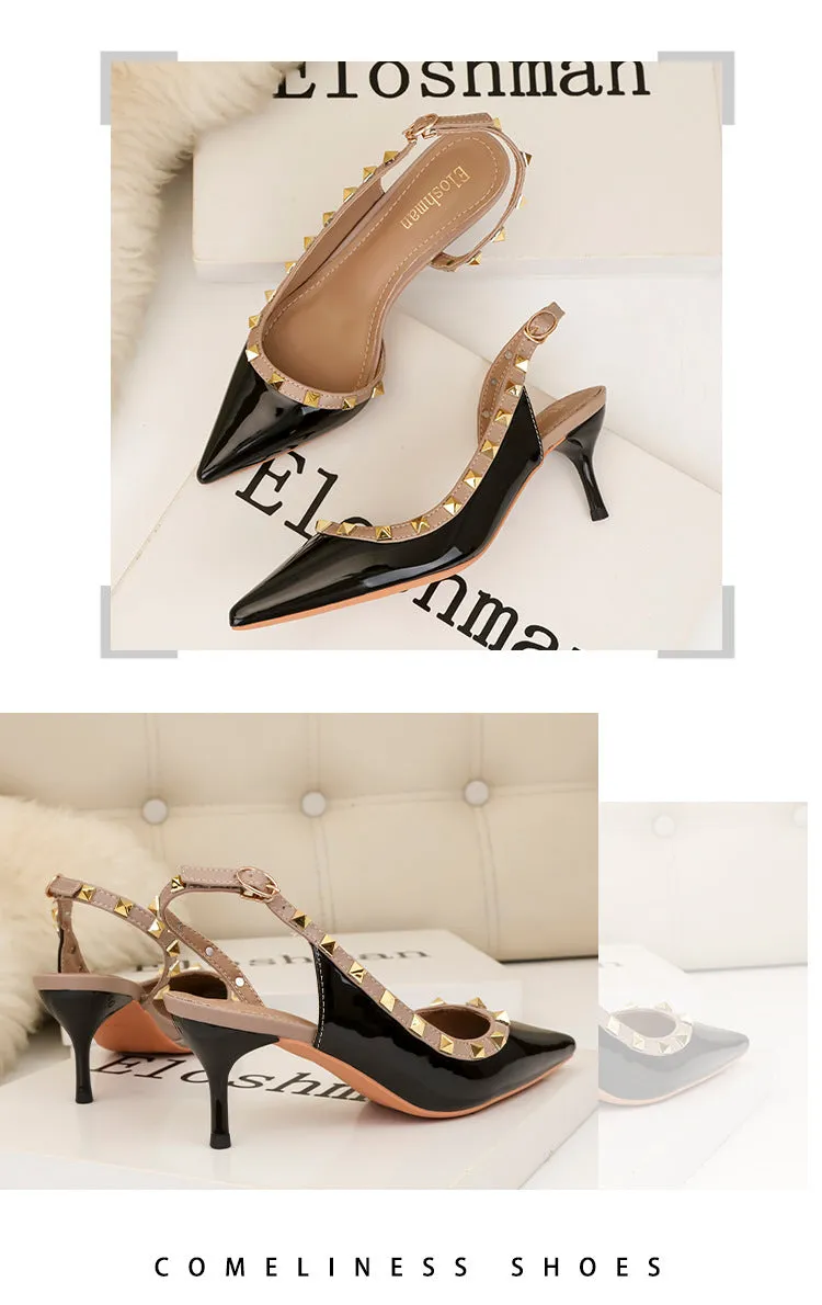 Rivet hollow one word fashionable charm high heels pointed shallow mouth women's sandals single shoes