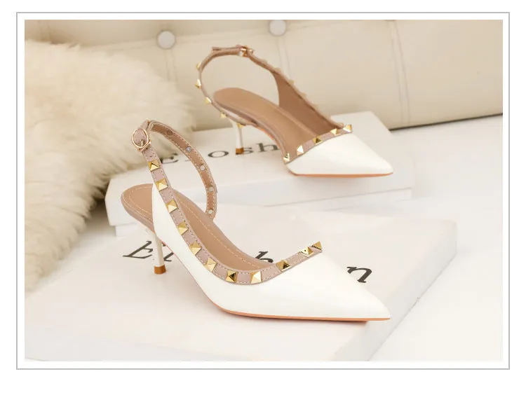Rivet hollow one word fashionable charm high heels pointed shallow mouth women's sandals single shoes
