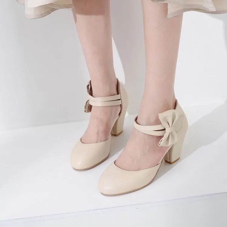 Simple and Fashionable High Heels Chunky Heels Light Mouth Bow Retro Elegant Women's Shoes