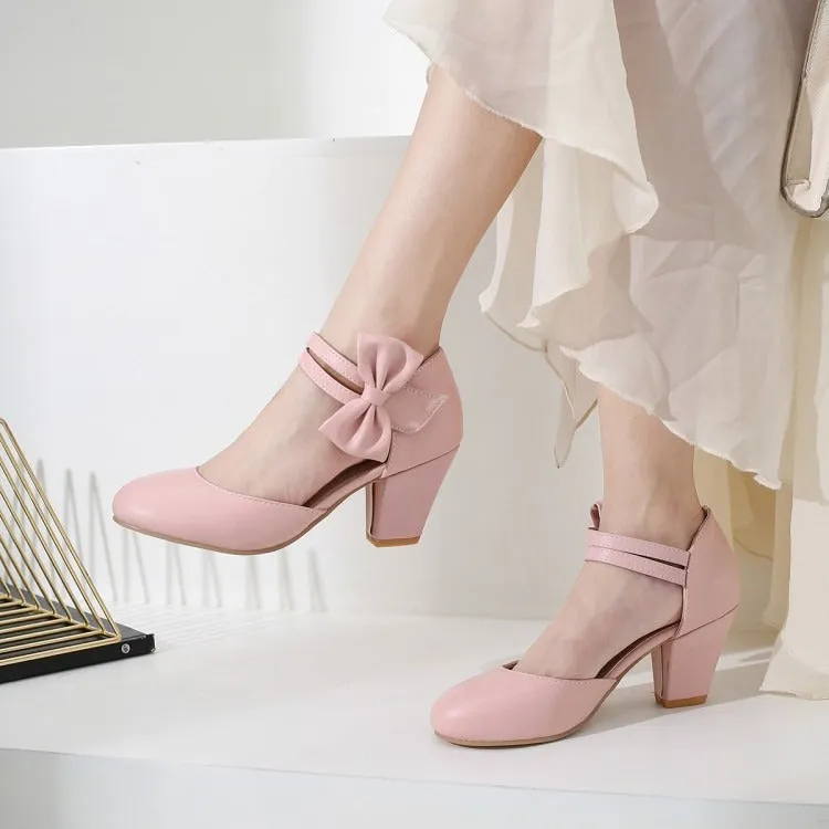 Simple and Fashionable High Heels Chunky Heels Light Mouth Bow Retro Elegant Women's Shoes