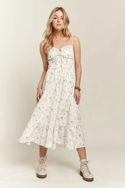 Smocked Floral Sweetheart Neck Cami Dress in Gum Leaf