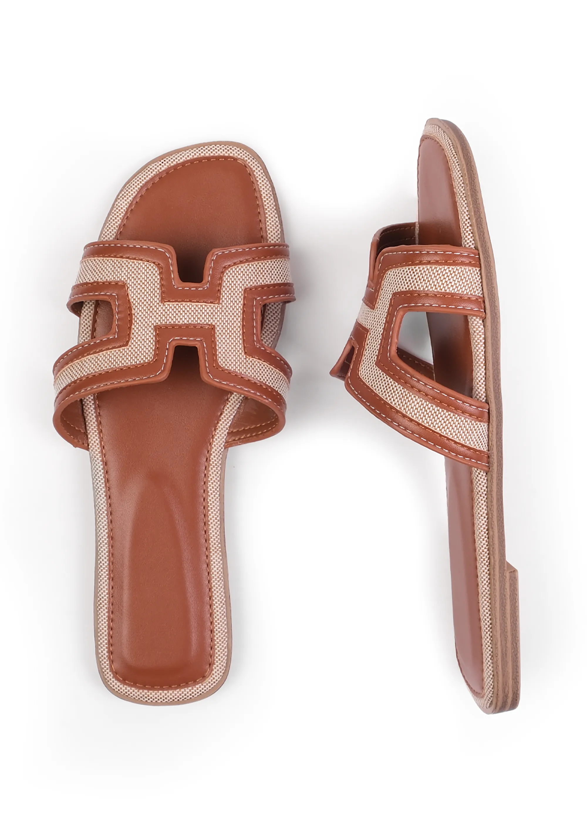 SURGE WIDE FIT CUT OUT STRAP FLAT SANDALS IN TAN FAUX LEATHER