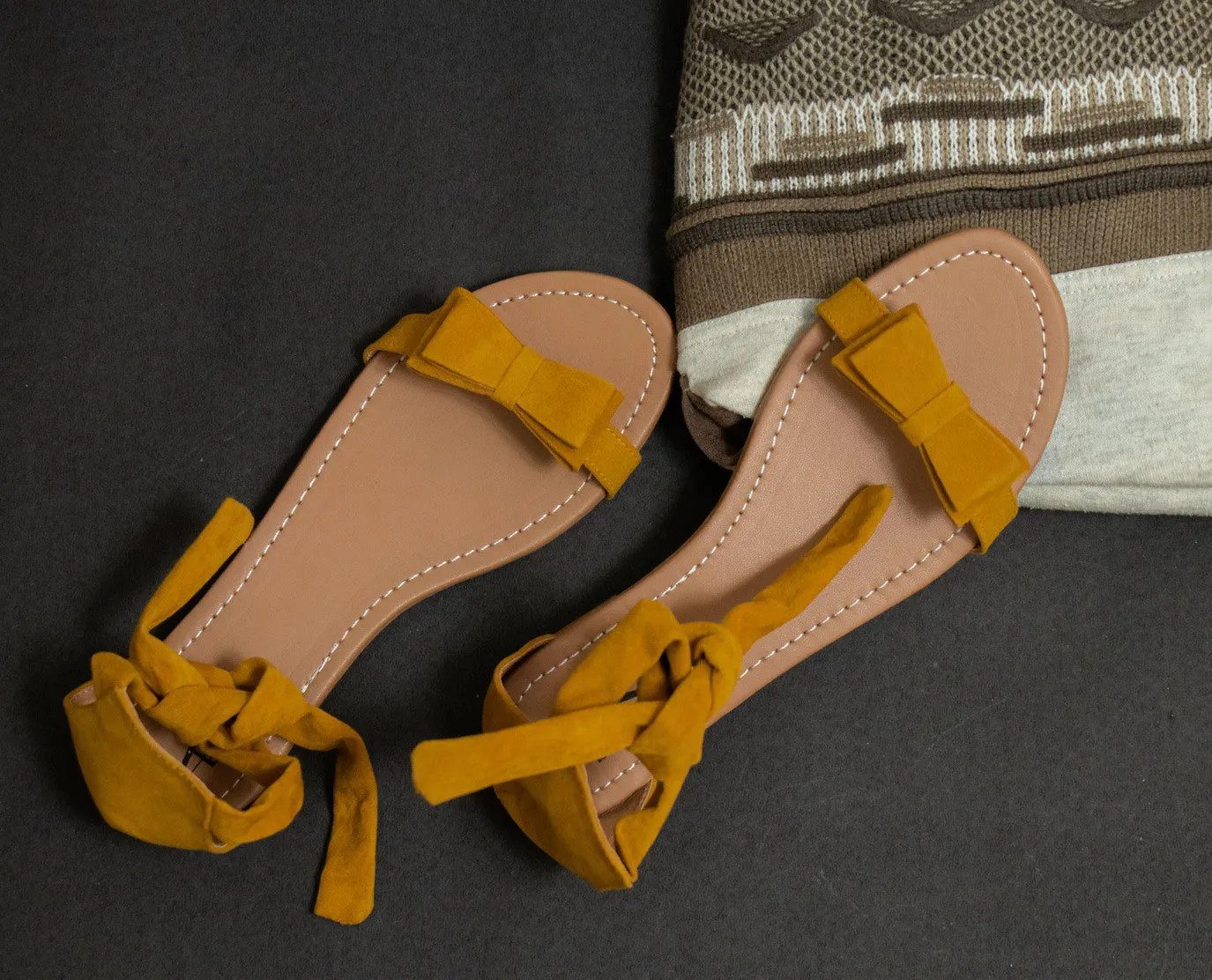 Women Mustard Suede Bow Tie Up Fashion Sandal