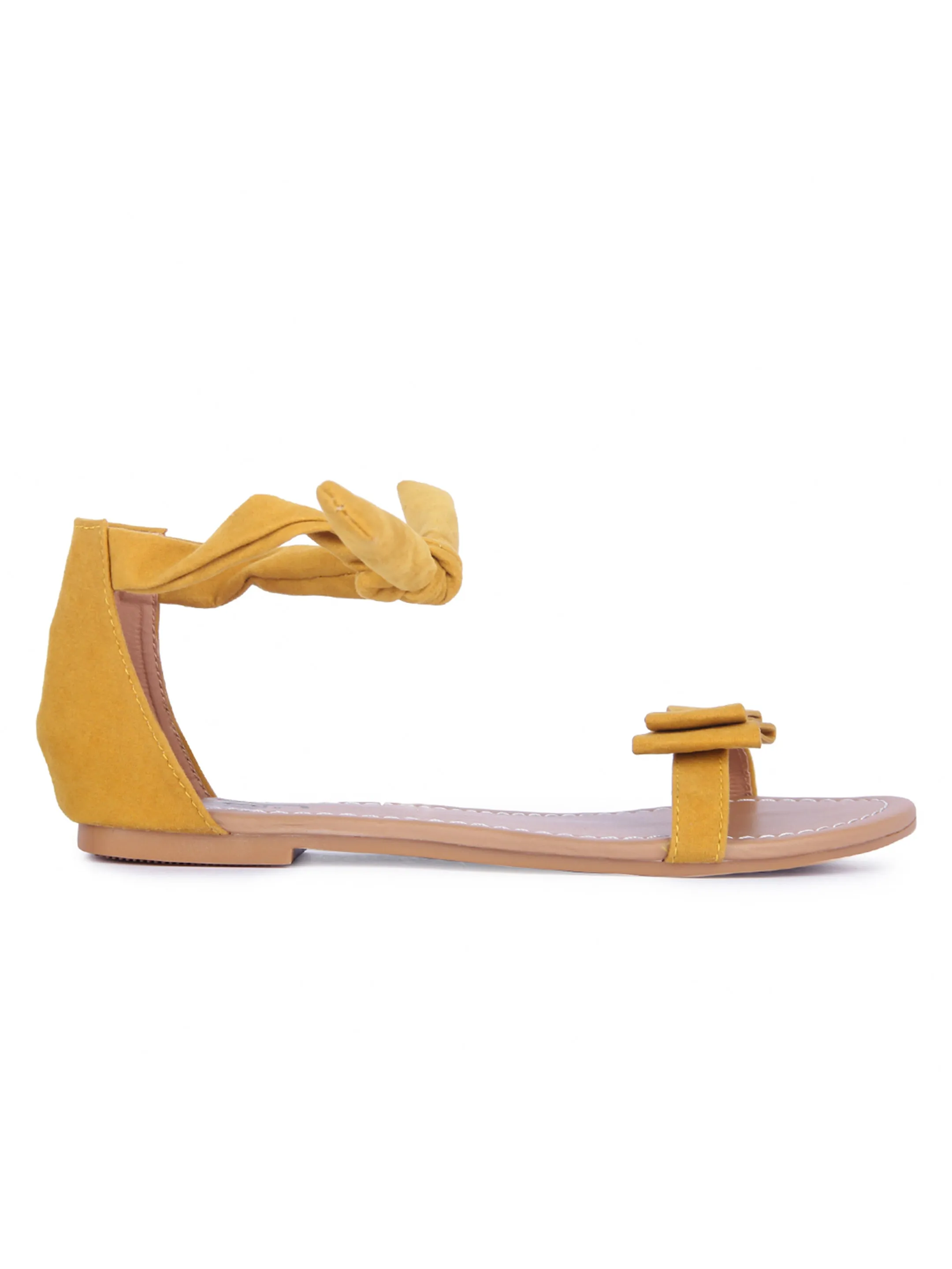 Women Mustard Suede Bow Tie Up Fashion Sandal