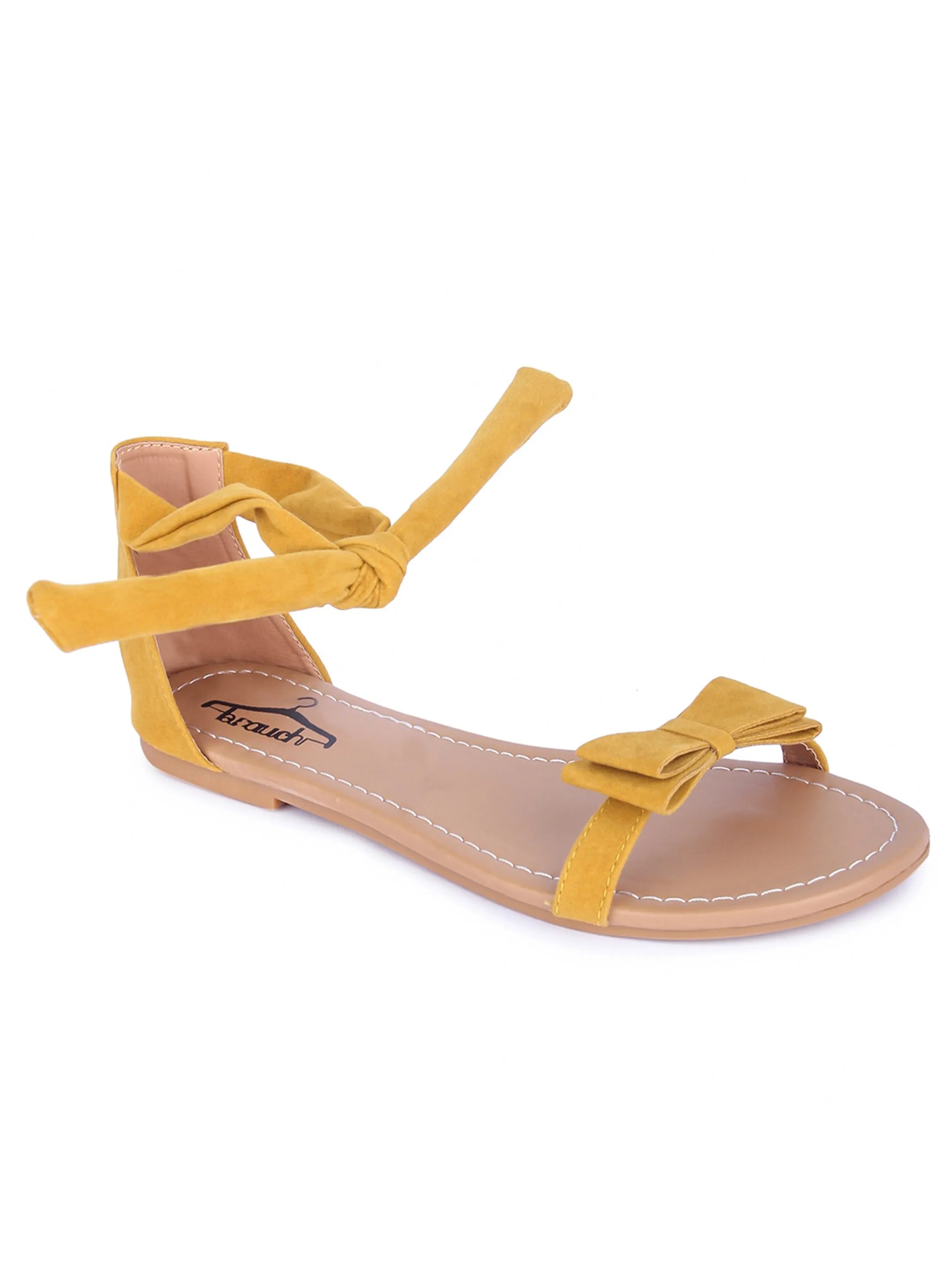 Women Mustard Suede Bow Tie Up Fashion Sandal