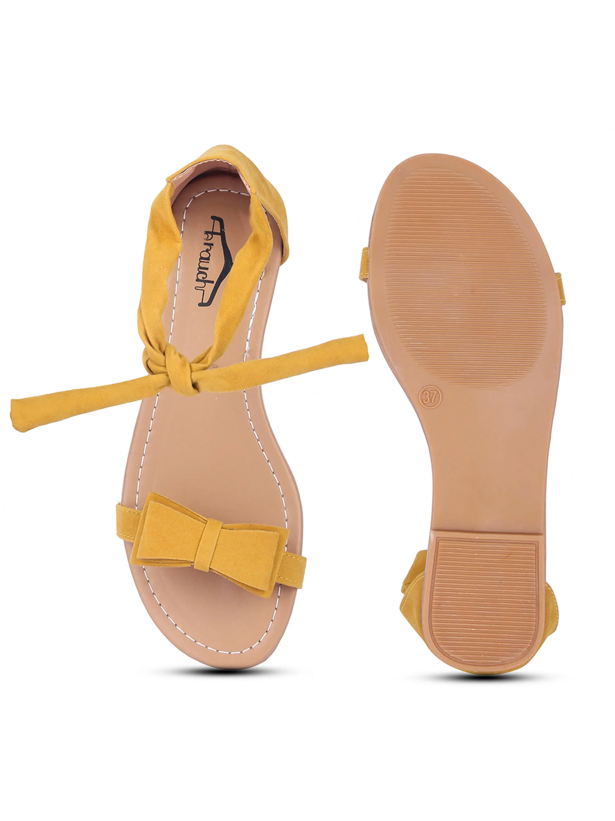 Women Mustard Suede Bow Tie Up Fashion Sandal